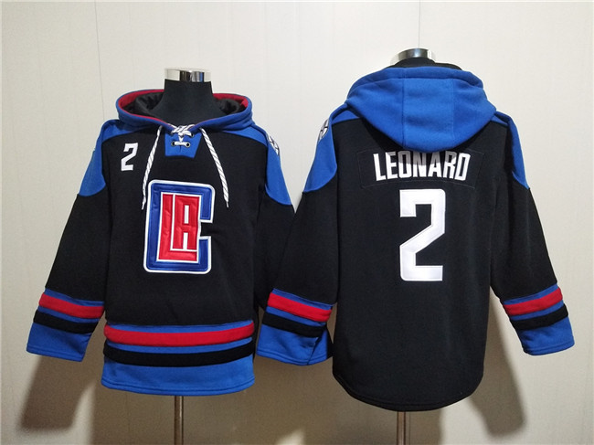 Men's Los Angeles Clippers #2 Kawhi Leonard Black/Blue Lace-Up Pullover Hoodie